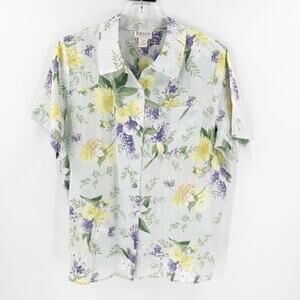 Vintage Jordan Woman 100% Linen Floral Button Up Blouse Made In Hong Kong